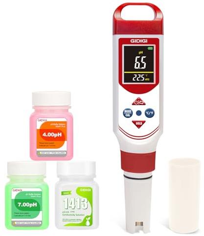 GIDIGI Misuratore di pH e ppm per acqua, tester EC (conducibilità) 4 in 1 per idroponica, con soluzioni di calibrazione. Ideale per coltivazione, birrificazione, piscine e acquari