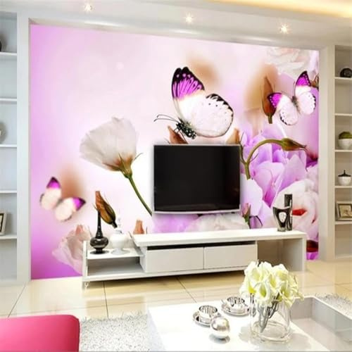 XLMING Minimaliste Magnifique Violet Floral Papillon 3D Papier Peint Premium Texturé Soie Bureau Salle à Manger Salon Chambre Coucher Canapé TV Mur-150cm×105cm