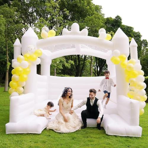 SportBob Château Gonflable Blanc 415×413×315 CM avec Trampoline pour Les Mariages d'arrière Cour intérieurs et extérieurs fêtes d'anniversaire