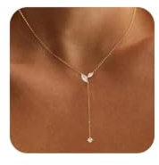 Xecamuvila Collier Y plaqué Or 14 carats avec Pendentif en Zircon - Collier Ras-du-Cou doré superposable pour Femme, Collier de Mode Simple