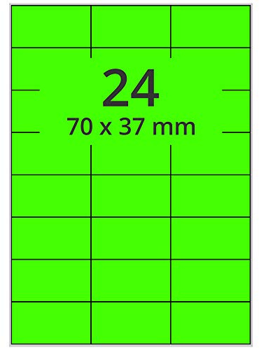 Farbige Etiketten auf A4 Bogen, neongrün - 70 x 37 mm - 2.400 Papier Aufkleber auf 100 Blatt, selbstklebende Laser-Etiketten fluorisierend leuchtfarbig