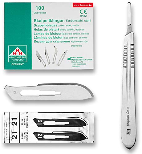 May Skalpell-Set Halter Nr. 4 100 Klingen Figur 21 | Das ultimative Vorratspaket für Profis. Beinhaltet einen rostfreien Griff der Größe 4 und einhundert sterile Ersatzklingen.