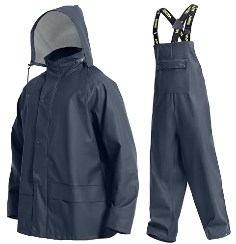 Navis Marine Ensemble de Pluie Homme Imperméable - Veste et pantalon PU étanches avec capuche amovible, idéal pour pêche, chantier, chasse et activités outdoor(Blue,S)