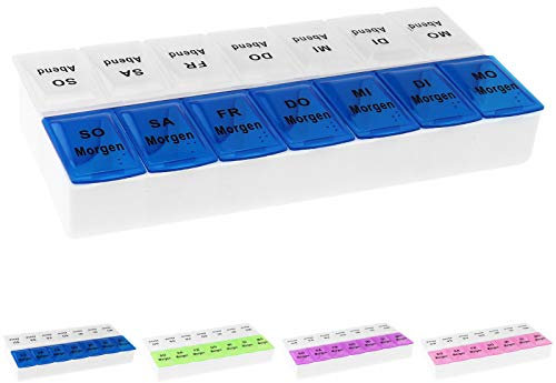 WELLGRO Tablettenbox für 7 Tage, je 2 Fächer pro Tag, 4 Farben zur Auswahl, Farbe:Blau