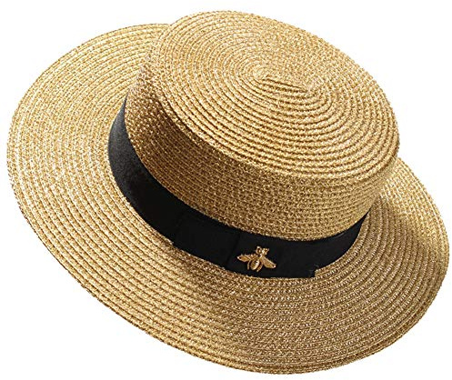 LTSWEET Strohhut Damen Outdoor Sommer Sonnenschutz Kreissäge Strohhut Beach Cap Soft Atmungsaktiv UV-Schutz Verstellbarer Kordelzug Erwachsene Farbe Natur Klassische Panama Hut,Gold