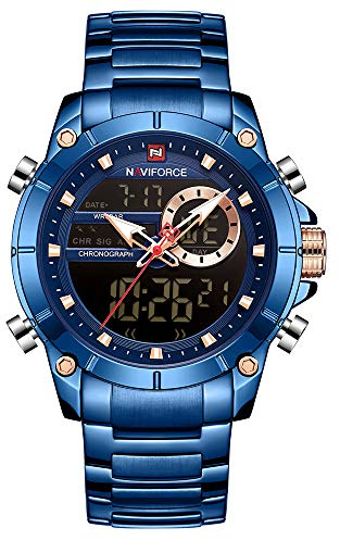 Naviforce Reloj Deportivo Digital para Hombre Relojes Militares de Acero Inoxidable de Cuarzo Impermeable Multifuncional