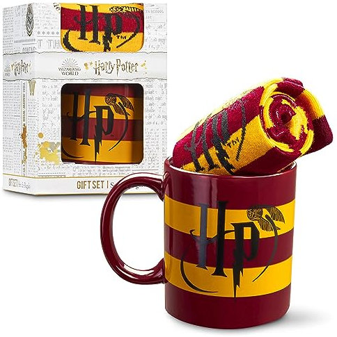 Harry Potter Tassen-Geschenkset, Kuschelige Damen Socken & Keramik Tasse, Geschenke für Frauen & Teenager (Gelbe Tasse und Socken, Tasse: 325 ml, Socken, 35/40 EU)