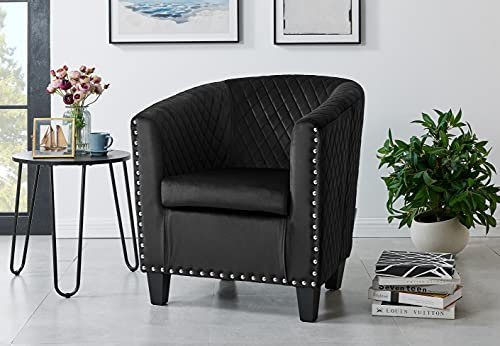 Bravich Modern Retro Tub Chair - Velvet Fabric Armchair for Dining, Living Room, Office & Bedroom. Stylish & Comfortable Universal Dressing Table Chair (71 x 79 x 74 cm, Black)