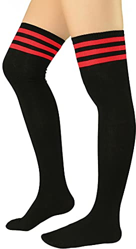 Durio Bas montants pour femmes - Bas cuisse extra longs, 38-42 - Bas rayés pour filles en coton pour Halloween, carnaval, tous les jours - Blanc, rouge, noir, taille unique