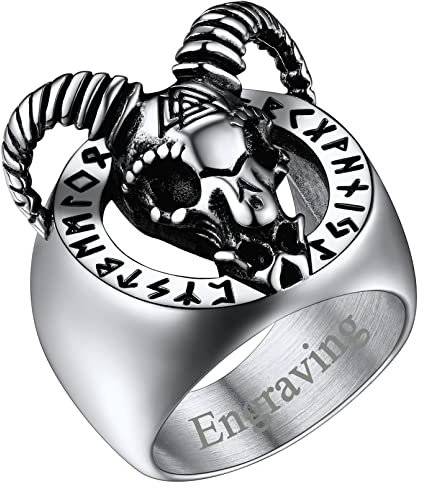 FaithHeart Punk Herren Siegelring von Satan Fingerring in Größe 72 personalisierter Ziegenkopf Siegelring mit Rune Symbol Jungen Partnerring Freundschaftsring für Valentinstag Weihnachten