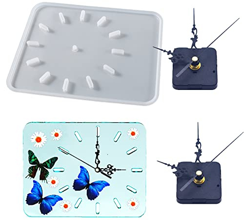 Woohome Moules en Résine de Silicone Horloge Moule en Silicone en Forme de Rectangle avec 2 Set Mouvement D'horloge avec Aiguilles pour L'horloge de Bricolage