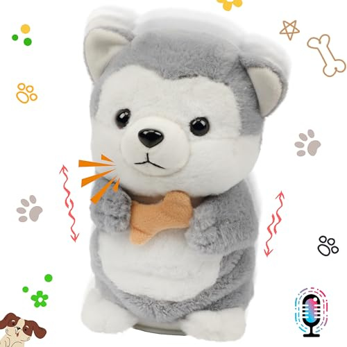 Hopearl Talking Husky Repeats What You Say Dog Nodding Electric Interactive Animated Puppy with Bone Toy Speaking Plush Buddy Gifts for Toddlers, Gray, 6.5''
