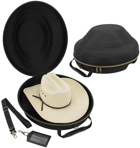 CASEMATIX Cowboy Hat Box and Portable Storage for Brims Up To 4.75'' - Hard Shell Case with Adjustable Carry Strap, Luggage ID Slot Foam Insert Dipping Brim Hats, Black, 18'' x 16'' x 8.3''