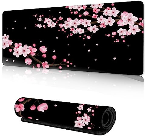 ZTHLL Tapis de souris de jeu avec bords cousus, tapis de bureau en fleurs de cerisier Sakura, tapis de souris XL étendu avec base antidérapante, sous-main de bureau cool pour clavier et souris, 89 x