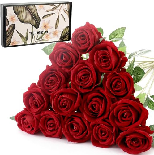 Cloudecor 15Pcs Small Fake Roses Velet Roses Long Stem Artificial Flowers Silk Flowers for Home Wedding Decoration (Pearl Roses,Red)