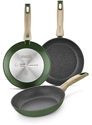 MONIX Amazonia | Set 3 sartenes 18-22-26 cm aluminio forjado, antiadherente reforzado con titanio sin PFOA, Apta para todo tipo de cocinas incluida inducción