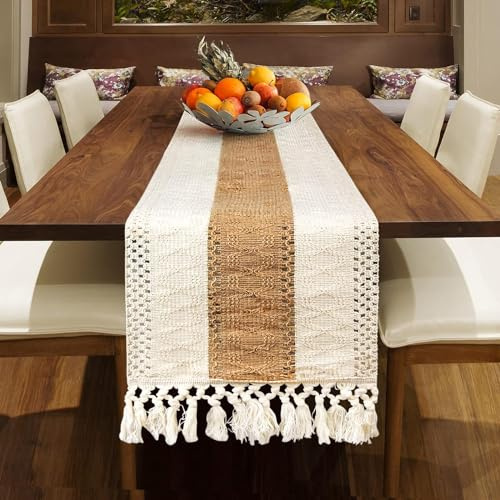 Ysimple Chemin de table moderne en lin de coton, chemin de table moderne avec pompons pour décoration de table bohème, pour décoration de cuisine, salle à manger, salon (30 x 180 cm/12 x 72 pouces)