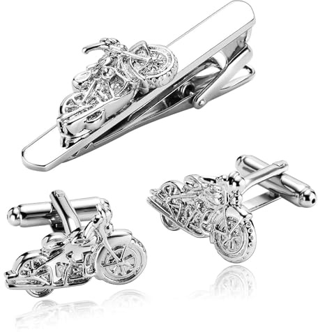 Dsnyu Krawattennadel und Manschettenknöpfe, Manchettenknoepfe Silber Motorrad Edelstahl Hemd Anzug Herren Damen Schmuck für Geburtstag Hochzeit