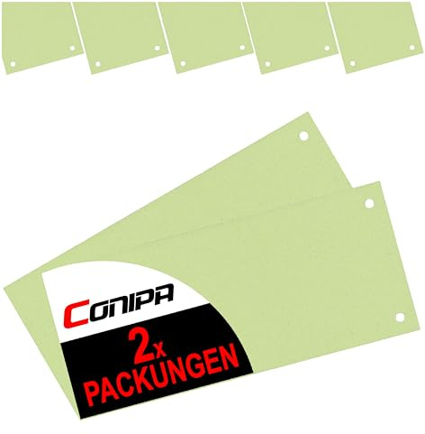Conipa® - 200 Stück Trennstreifen für Ordner DIN A4 Grün (MADE IN GERMANY) gelocht - Trennblätter aus RECYCELTEN KARTON (240x105mm) - Trennlaschen & Trenner zur Unterteilung schmal - Abtrennen Pappe