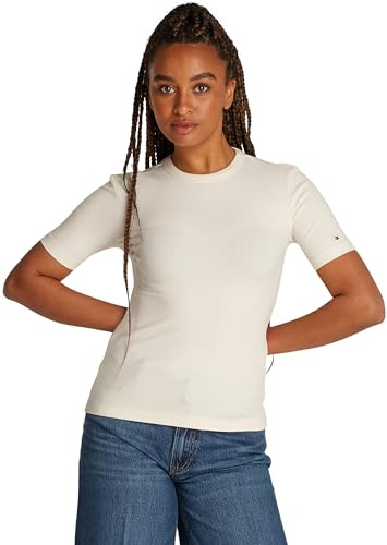 Tommy Hilfiger Damen T-Shirt Kurzarm Rib Rundhalsausschnitt, Beige (Calico), L