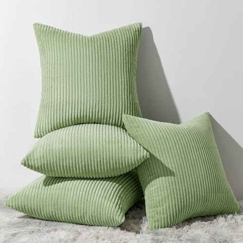 Topfinel Kissenbezug 45x45 Salbei Grün Kordsamt 4er Set gestreiftes Muster Kissenbezüge Kissenhülle Dekokissen Sofakissen Couchkissen Dekokissen Zierkissenbezug Deko Kissenhüllen Wohnzimmer