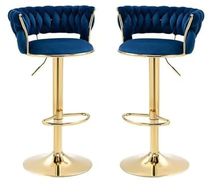 LINTRY Barhocker 2er Set Moderne Gold Drehbar Barstuhl Thekenhöhe Gewebte Drehbar Barhocker mit Rückenlehnen Höhenverstellbar Küchenhocker für Zuhause, Bar, Esszimmer (Blau)