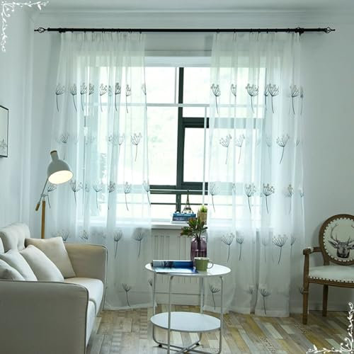 Bishilin Vorhänge Weiß 2er Set 102x160CM, Vorhänge Halbtransparent Haken Landhausstil Stickerei mit Blau Löwenzahn Motiv Gardinen Lichtdurchlässig Wohnzimmer Schlafzimmer Küche