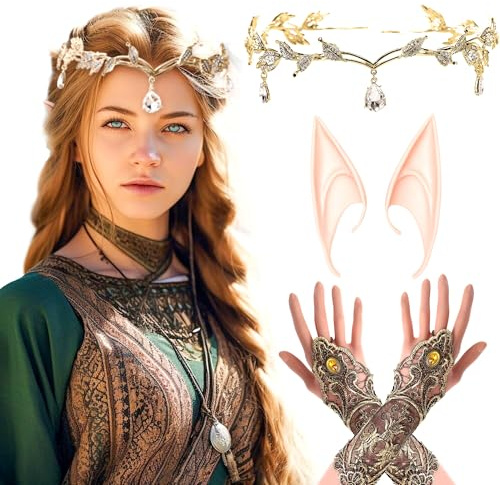 LaVenty 3er Set Renaissance Elf Kostüm Spitze Handschuhe Renaissance Kopfschmuck Waldfee Krone Stirnband Elfenohren Elfe Renaissance Hochzeit Brautparty