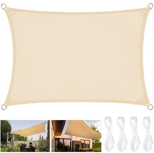 Sonnensegel Wasserdicht Rechteckig 2x3m inkl Befestigungsseile, Wetterschutz Sonnenschutz (PES) Polyester mit UV Schutz für Balkon Terrasse Garten Camping, Beige Anthrazit AXT