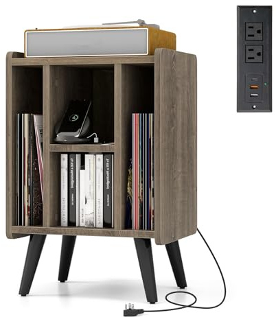 GOPLUS Plattenspieler-Ständer, Plattentisch mit Ladestation, Plattenspieler Regal mit Ablagefläche, Vinyl-Schallplatten-Aufbewahrungsschrank Beistelltisch Sofatisch für Wohnzimmer (Grau)