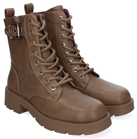86701 Botines de Tacon para Mujer, Comodos y Elegantes, Detalle de Hebilla, con Suela Dentada, Punta Redonda, Cierre de Cordones y Cremallera Lateral, Ideales para Otono-Invierno. Kaki Talla 38