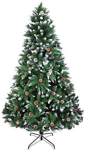 LEADZM Künstlicher Weihnachtsbaum 150 cm - Weihnachtsbaum mit Metallständer, Naturgetreu, dichte Zweige, flammhemmendes PVC, für Zuhause, Büro, Geschäfte und Hotels, Grün & Weiß mit Tannenzapfen