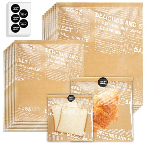Chostky 200Pcs Heat Sealable Bakery Bags with Window Grease Resistant Kraft Cookie Bags Pastry Bags with Paper Stickers for Packaging Donut Bread Cookie Goods Sandwich Baked Treat(2 size)