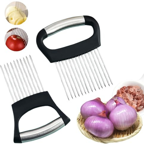 Ttdesefu 2 Pcs Onion Holder Slicer, Stainless Steel Food Slicer for Meat, Potato, Carrot, Onions, Tomatoes, Vegetable