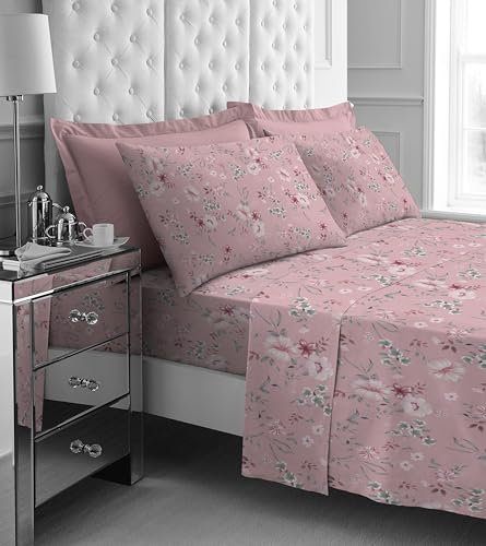 GC GAVENO CAVAILIA 3 Piece Flannel Bed Sheets - Flower Brushed Cotton Fitted Sheet, Flat Sheet with 1 Pillow Case - Thermal Warn Flannelette Sheets Single Bed - Wrinkle & Fade Resistance - Pink