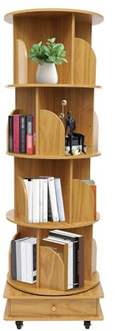 VonVVer Drehbares Bücherregal 5 Ebene 46x46x142cm- Standregal Drehregal 360° Rotation Eck-Bücherregal für kleinen Raum Boden Stehend Regale auf Rollen mit 4 Universal-Räder (Original Holzfarbe)