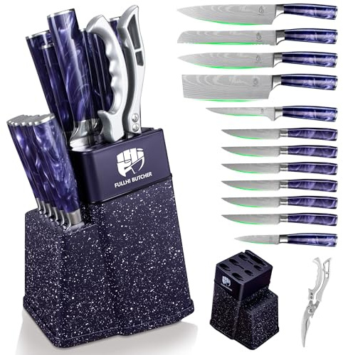 FULLHI Set di coltelli a blocco da 14 pezzi, set di coltelli da chef con blocco e affilatoio, set di coltelli da cucina, manico multicolore, regali per uomini e donne (Resina viola)