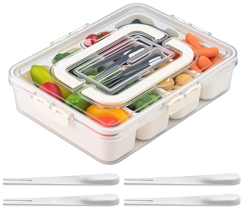 Snackbox mit Fächern, Snack Tablett mit 4 Gabeln aus Edelstahl, Kunststoff Snackbox Auslaufsicher, Organizer mit Deckel und Handgriff, für Kühlschrank Vorratskammer Snack, Obst Gewürzorganizer