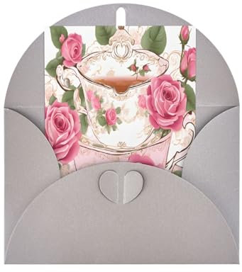 (Teetassen mit Rosen, romantischer Shabby) Druck, hochwertige Perlglanz-Grußkarten mit grauen Umschlägen, schimmernde Geburtstags-, Weihnachts- und Hochzeitskarten, innen blanko.