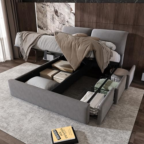 Oxtao Polsterbett Doppelbett 140x200 cm mit 3 Stauraum Schublade, Bett mit Stauraum und Kopfteil, Stauraumbett mit Hydraulische Metallrahmen und Lattenrost aus Holz, Samt, Ohne Matratze (Grau)