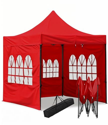 JupiterJX Pop 2 x 2 m Garden Pop Up Gazebo With Sides, Wedding Party Shelter Tent Sun Protection Event Outdoor Camping Canopy With 3 Windows Sides & Carry Bag (2x2m, Red)