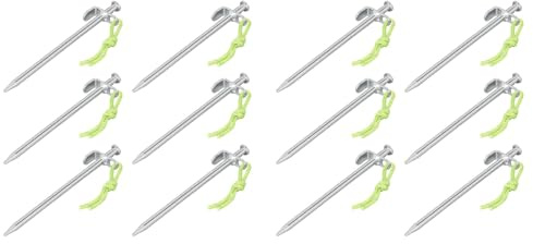 Multibros Felsbodenheringe 20 / 30 / 40 cm – 12 Stück – Verzinkter Stahl Ø9 mm mit L-Haken & Fluorleine – Heavy Duty Zeltheringe für harten Boden, Camping, Zelte, Pavillons, Bodenanker (40cm)