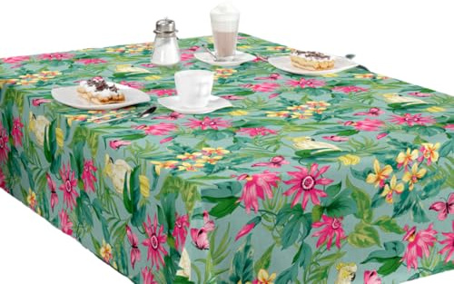 Jolee Tablecloths Wipe Clean PVC Tablecloth 140cmx200cm-Outdoor/Indoor Table Cloth Protector, Waterproof Summer Design, Easy Care Table Cover (Green & Pink Tropical Birds & Butterflies PVC Vinyl)