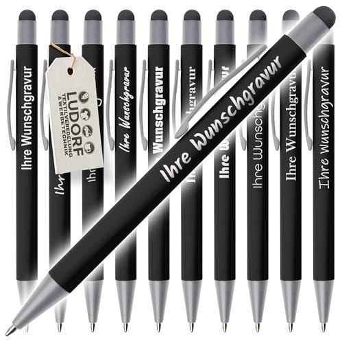 #teamludorf GRIP Kugelschreiber mit Touchfunktion – 50er Set Kullis mit Gravur | Personalisierter Kulli gummiert | Stift mit Gravur mit blauer Mine (SCHWARZ, 50)