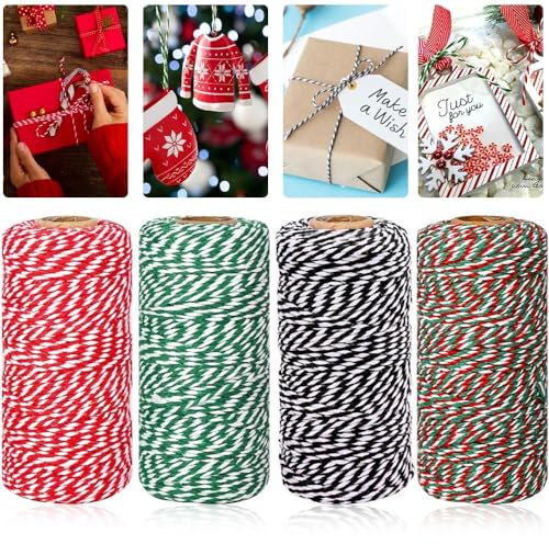 Christmas Twine for Gift Wrapping, 4 Rolls 100-Metre Cotton Twine String, Butchers String, Two-Tone Craft Cotton Thread for baking Gardening Decoration Tying Handicrafts and Gift Wrapping