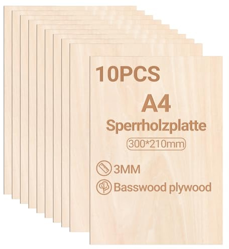 Jiubiaz Tablero de madera contrachapada de 3 mm, 300 x 210 mm, 10 unidades, madera de tilo, corte para manualidades, madera para modelismo, corte láser, grabado láser, madera, pintura al óleo
