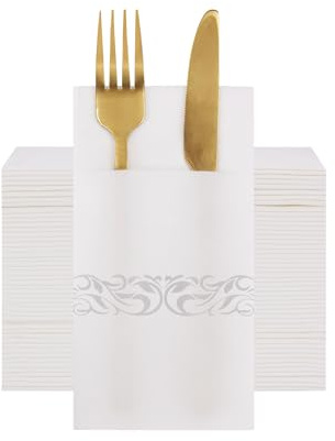 Serviettes de Table Jetables avec Pochette Intégrée pour Couverts, Serviettes Blanches au Toucher Lin avec Motif Argenté, Idéales pour les Réceptions et les Mariages (40cm x 40cm)