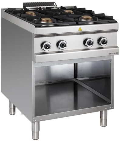 GastroHero Gasherd, 4 Brenner, offener Unterbau, Edelstahl D77G4AXL | Gesamtleistung 28 kW, Stauraum, Erdgas, inkl. Düsen zum Umbau auf Propangas, Made in Europe, sichere Zündung, Gastronomie