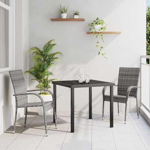 Qnhdfrt Gartenmöbel Set 3tlg 80x80 cm Graue Poly Rattan Essgruppe mit pulverbeschichtetem Stahl Gestell und Sicherheitsglas Tischplatte Modernes Outdoor Balkonmöbel für kleinen Balkon Terrasse