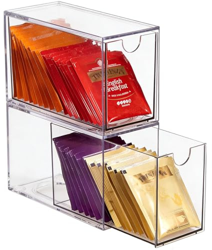 2er Set Acryl Teebeutel Organizer mit Schubladen-16,5 x 7,6 x 10 cm Transparente Aufbewahrungsboxen für Teebeutel Aufbewahrung, Kaffeekapseln, Zucker, Schreibwaren, Kosmetik, Küche, Speisekammer, Büro